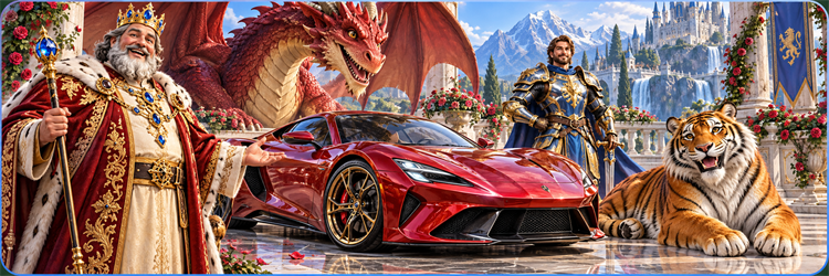 Kerajaan fantasi dengan raja, kesatria, naga, dan mobil sport merah